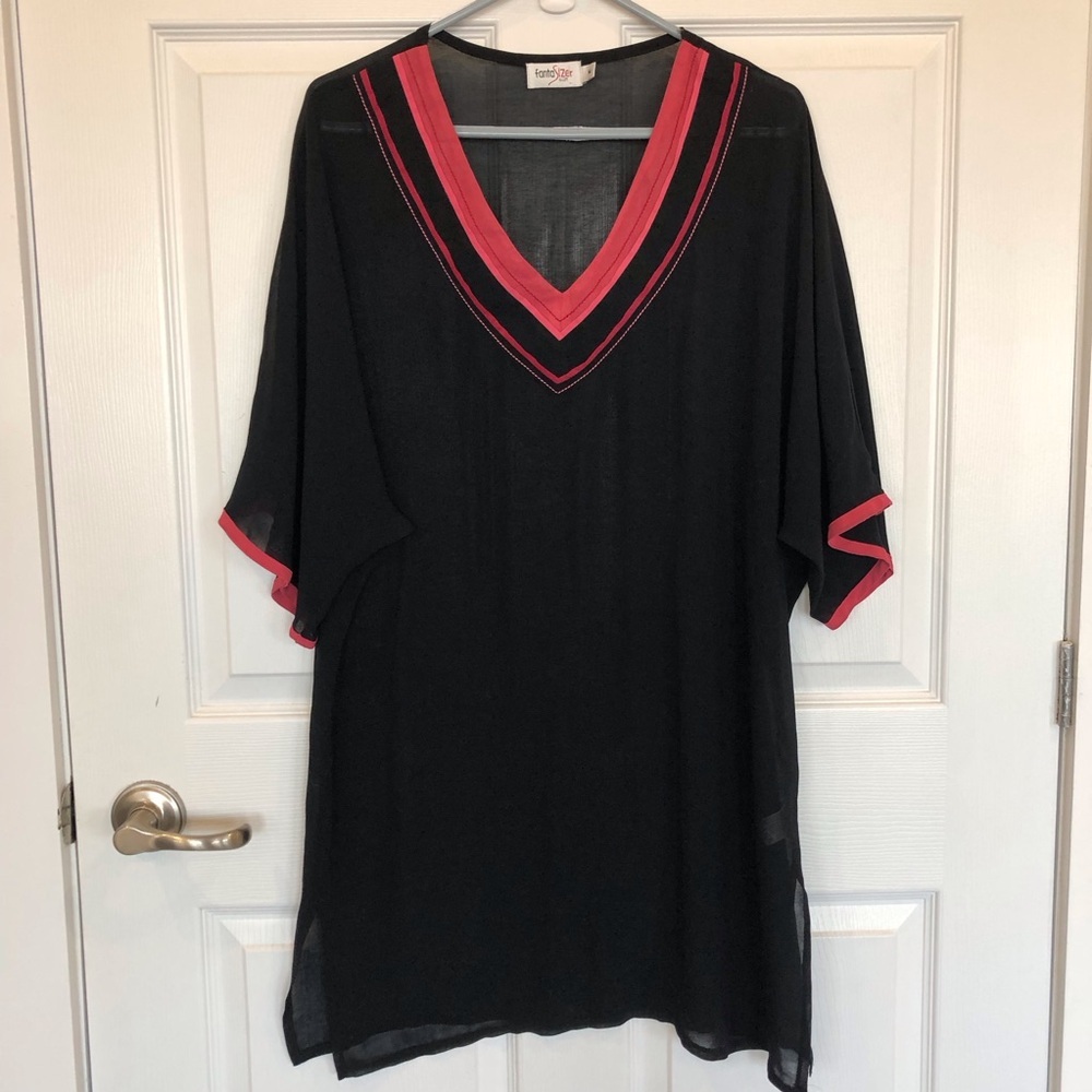 Beach Coverup sheer black with pink trim V neck. Side slits. Loose fit. Size M
